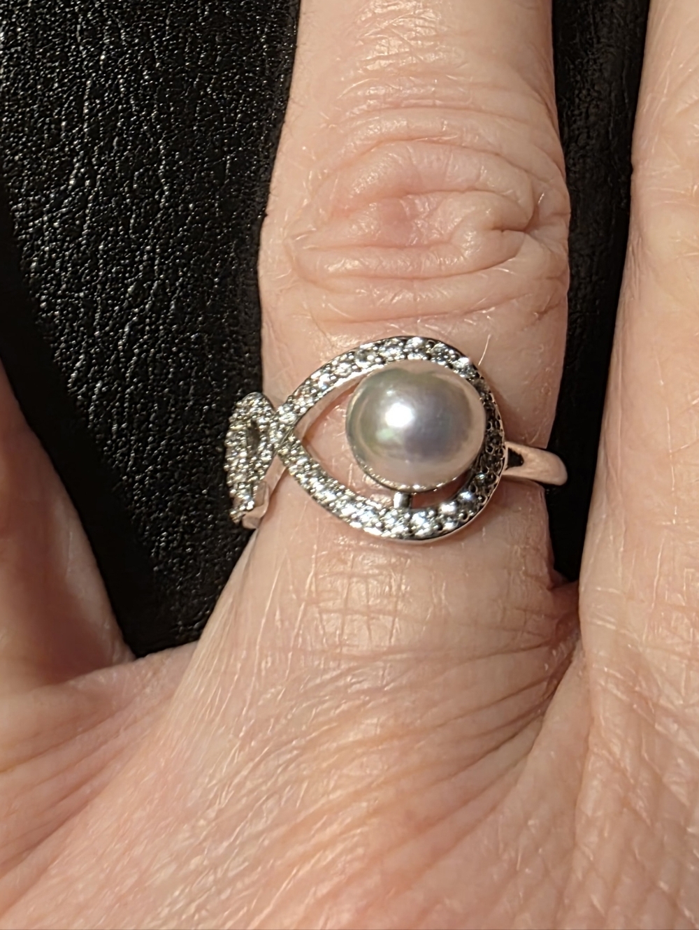 Madama Silver Pearl and Pavé Crystal Twist Ring- Adjustable Sizing